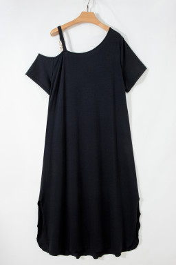 Black Asymmetric Shoulder Detail Short Sleeve Plus Size Maxi Dress