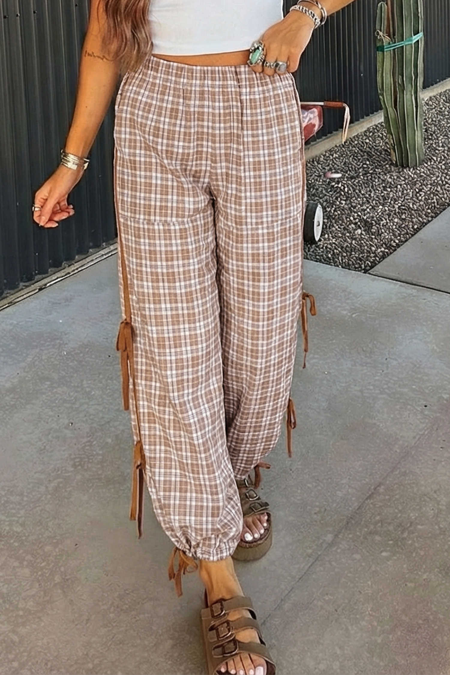 Chestnut Plaid Print Elastic Waist Bow Tie Contrast Detail Jogger Pants