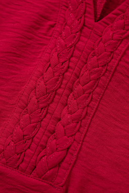 Racing Red Braided Trim V Neck Half Sleeve Blouse