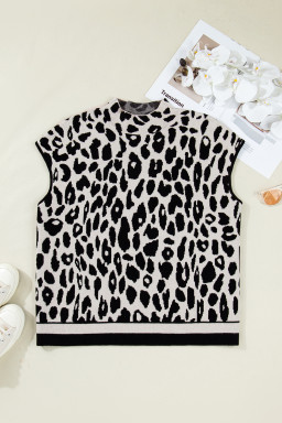 Black Plus Size Leopard Print High Neck Short Sleeve Sweater