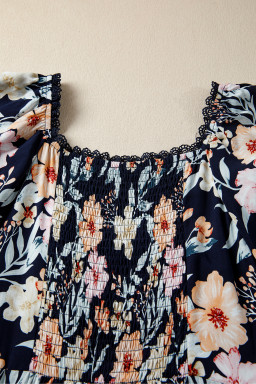 Blue Short Sleeve Smocked Detail High Waist Floral Maxi Dress