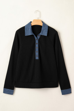 Black Textured Knit Denim Patchwork Button Polo Collar Long Sleeve Top