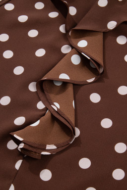 Coffee Polka Dot Print Ruffle Trim V Neck Long Bell Sleeve Blouse
