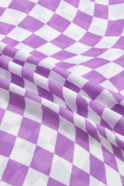 Purple Checkered Print Mock Neck Mesh T Shirt