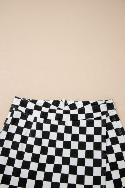 Black Checkered Print Overlap Denim Shorts