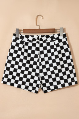 Black Checkered Print Overlap Denim Shorts