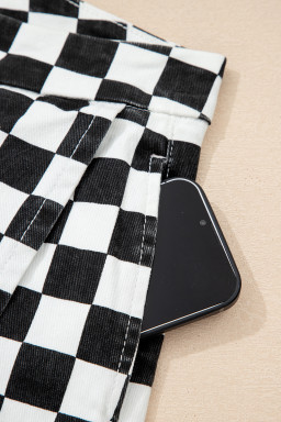 Black Checkered Print Overlap Denim Shorts