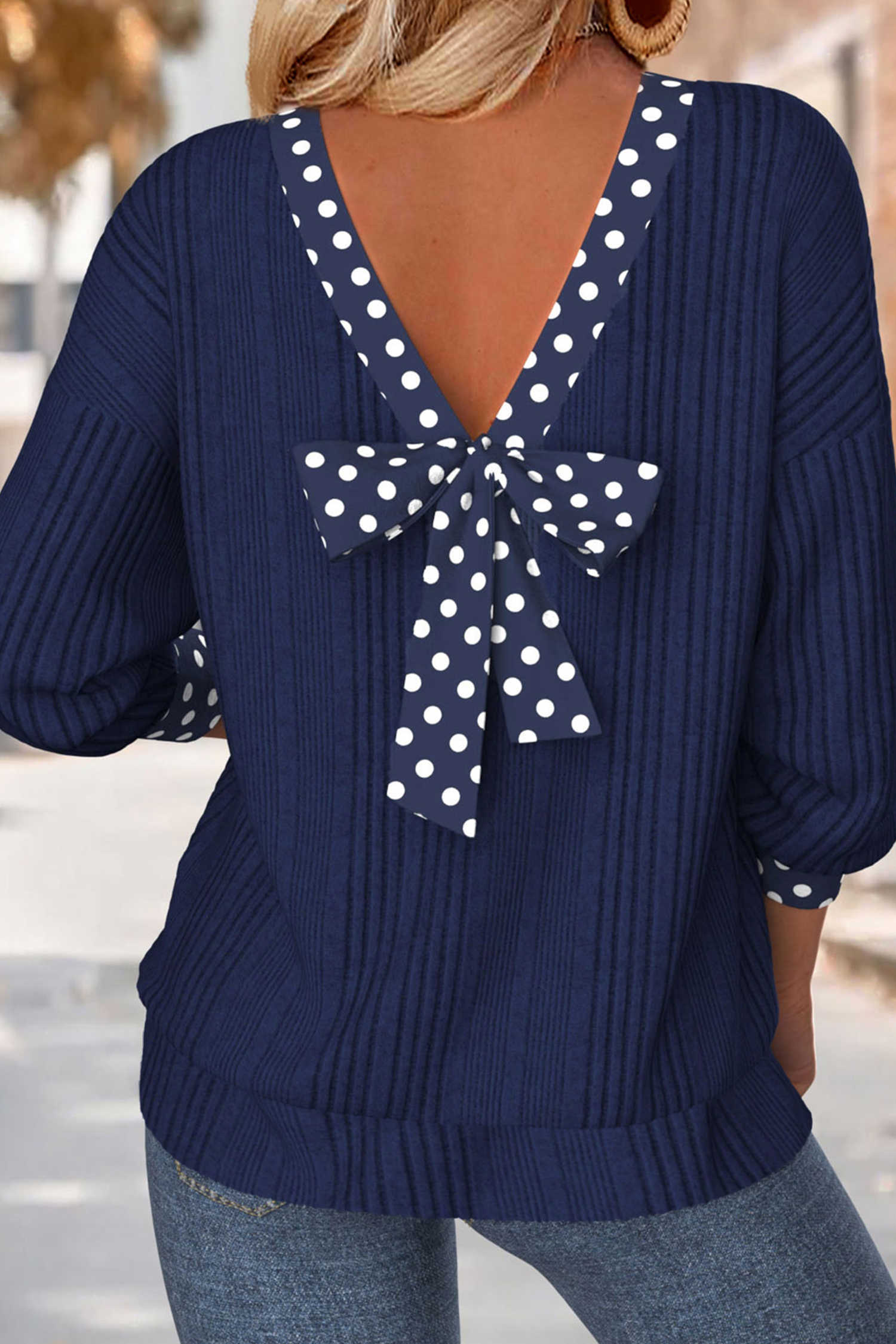 Dirty blue Polka Dot Trimmed V Neck Bow Tie Textured Ribbed Top