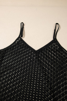 Black See Through Patterned Knit Ruffle Hem Patchwork Beach Cover Up