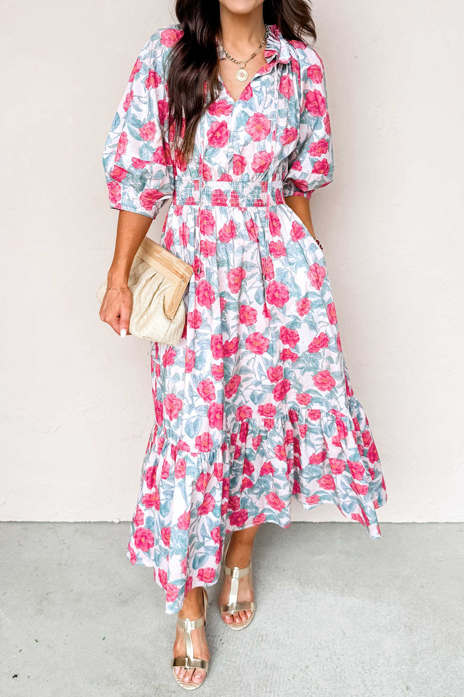 Red Elegant Floral Puff Sleeve Midi Dress