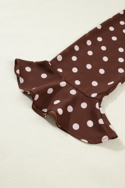 Coffee Polka Dot Print Ruffle Trim V Neck Long Bell Sleeve Blouse