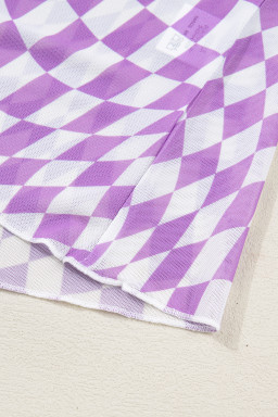 Purple Checkered Print Mock Neck Mesh T Shirt