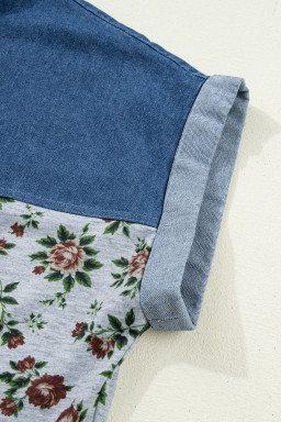 Gray Retro Floral Print Denim Patchwork Buttoned Polo Collar Top