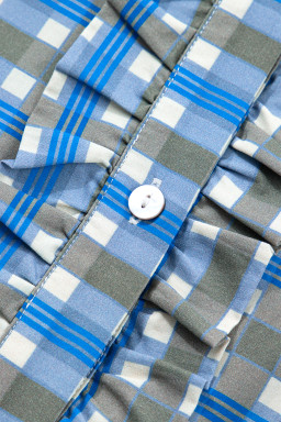 Sky Blue Plaid Long Sleeve Frilled Detail Half Button Blouse