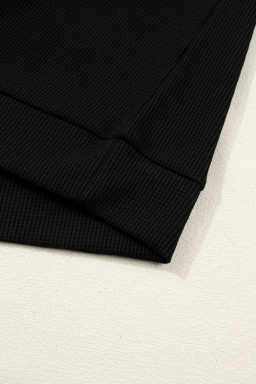 Black Textured Knit Denim Patchwork Button Polo Collar Long Sleeve Top