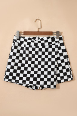 Black Checkered Print Overlap Denim Shorts