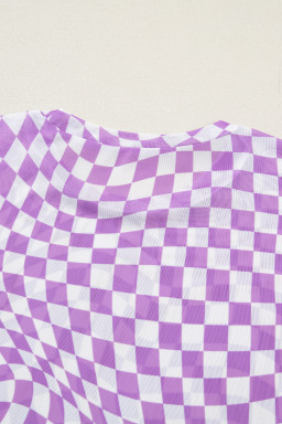 Purple Checkered Print Mock Neck Mesh T Shirt
