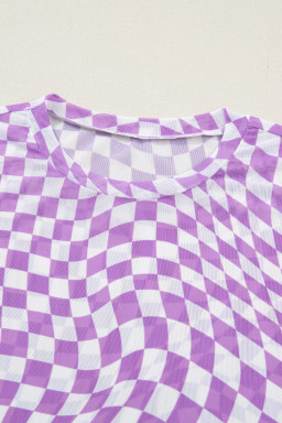 Purple Checkered Print Mock Neck Mesh T Shirt