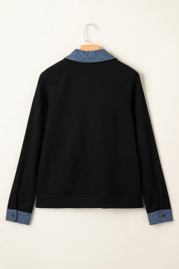 Black Textured Knit Denim Patchwork Button Polo Collar Long Sleeve Top