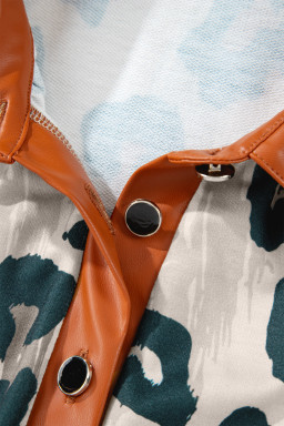 Casual Unique Leopard Print Button Contrast Collared Short Sleeve Blouse