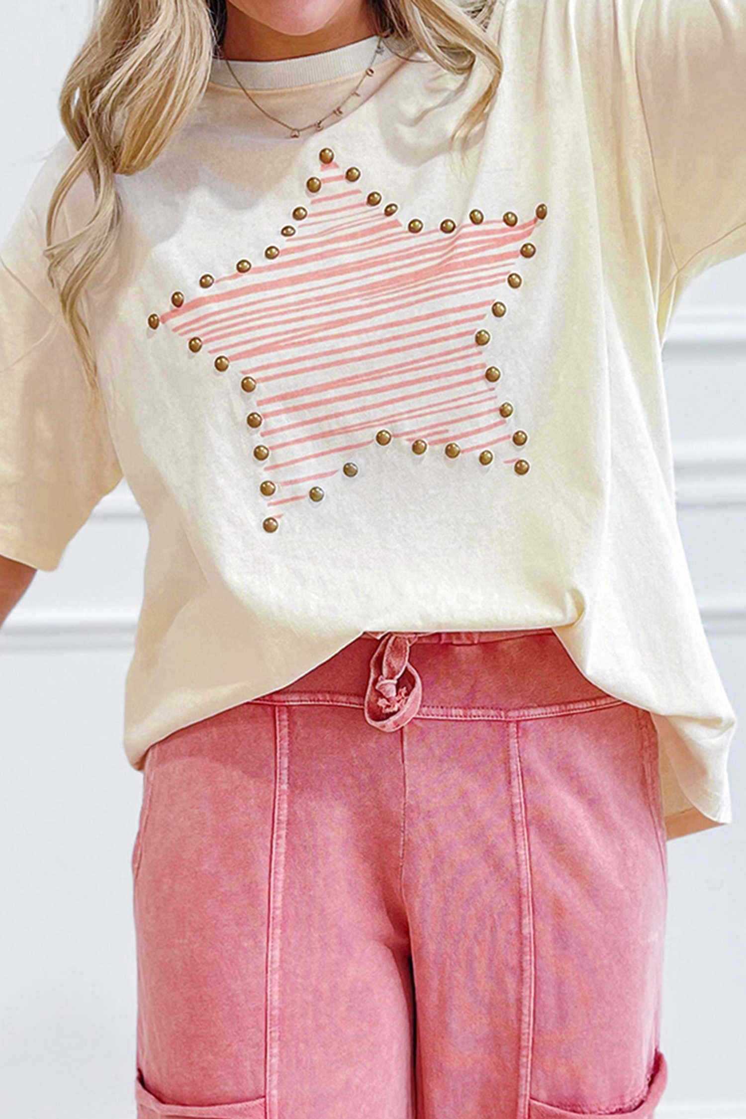 Beige Star Print Stud Detail Cotton Jersey Top