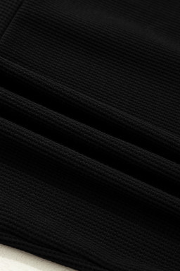 Black Textured Knit Denim Patchwork Button Polo Collar Long Sleeve Top