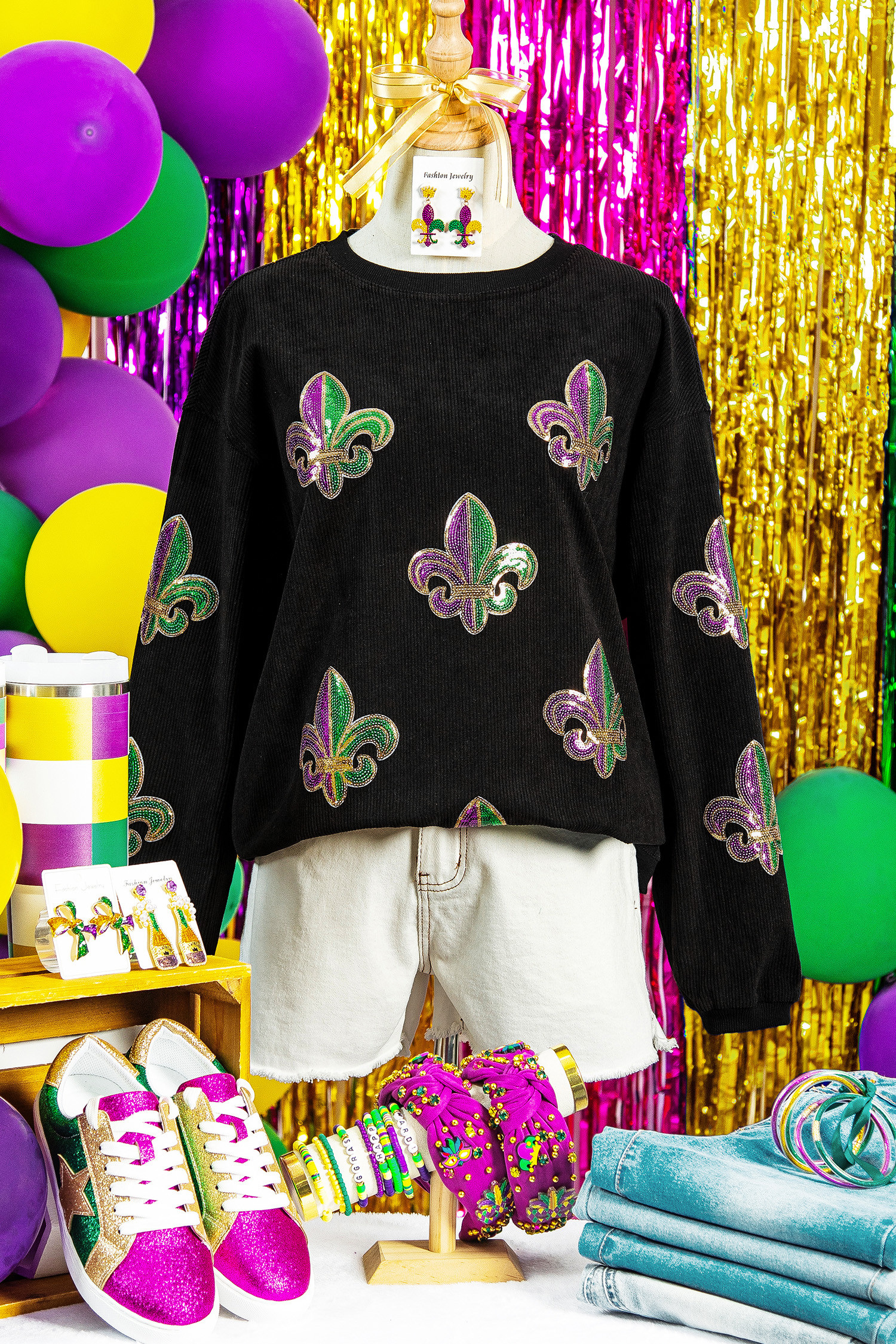 Black Corded Ribbed Sequin Fleur De Lis Graphic Pullover Sweatshirt