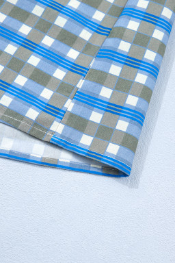 Sky Blue Plaid Long Sleeve Frilled Detail Half Button Blouse