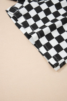 Black Checkered Print Overlap Denim Shorts