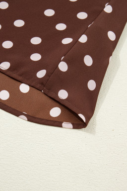 Coffee Polka Dot Print Ruffle Trim V Neck Long Bell Sleeve Blouse