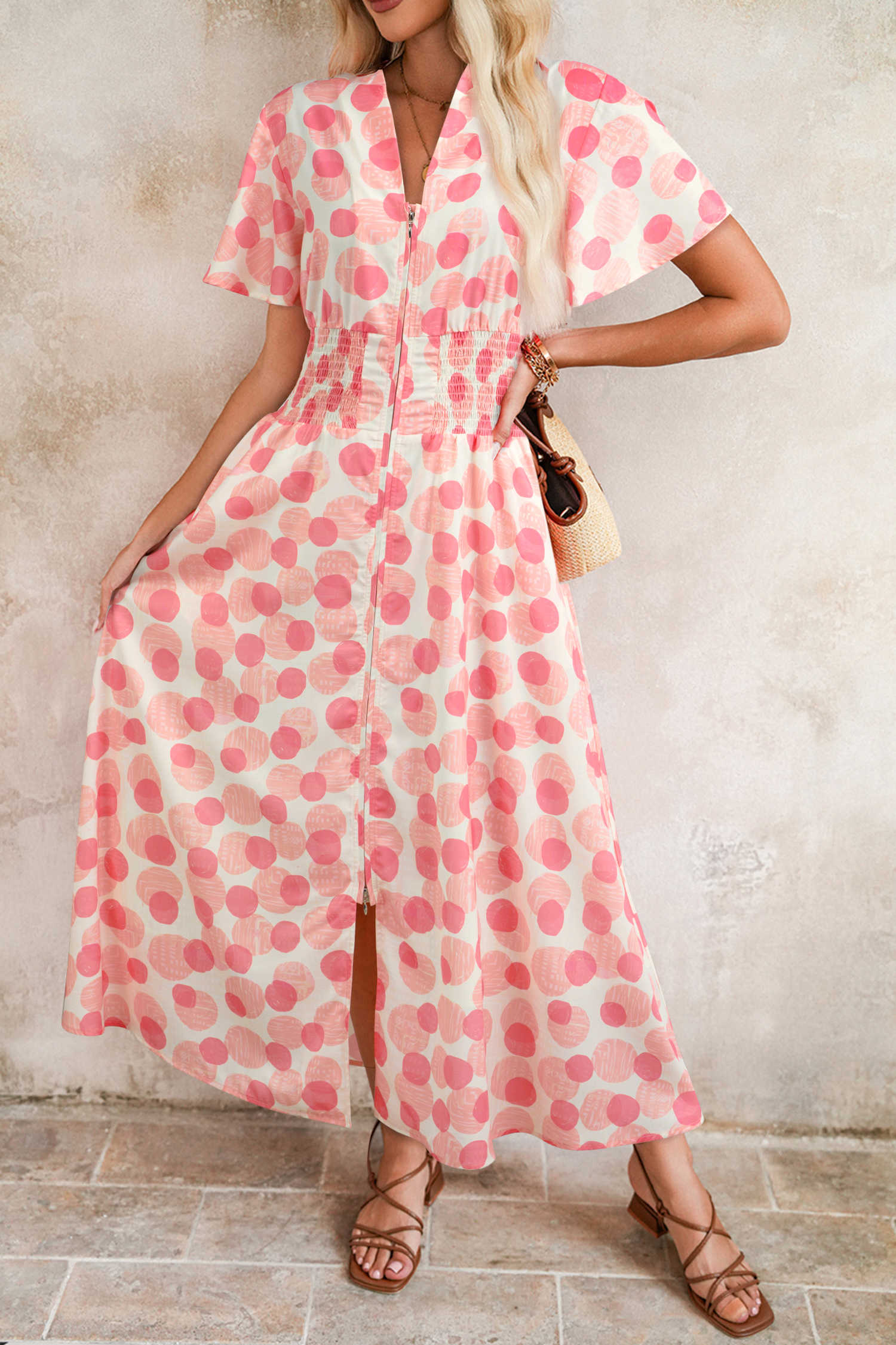 Pink Polka Dot Printed Ruffle Short Sleeve Zip Up Long Dress