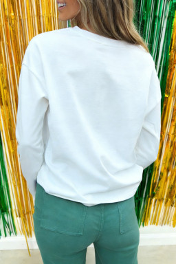 White Lucky Heat Transfer Printed Long Sleeve Top