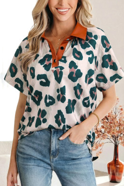 Casual Unique Leopard Print Button Contrast Collared Short Sleeve Blouse
