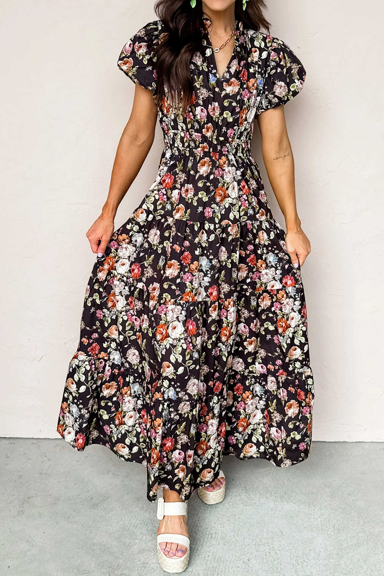 Black Floral Print V Neck Pleated Tiered Maxi Dress