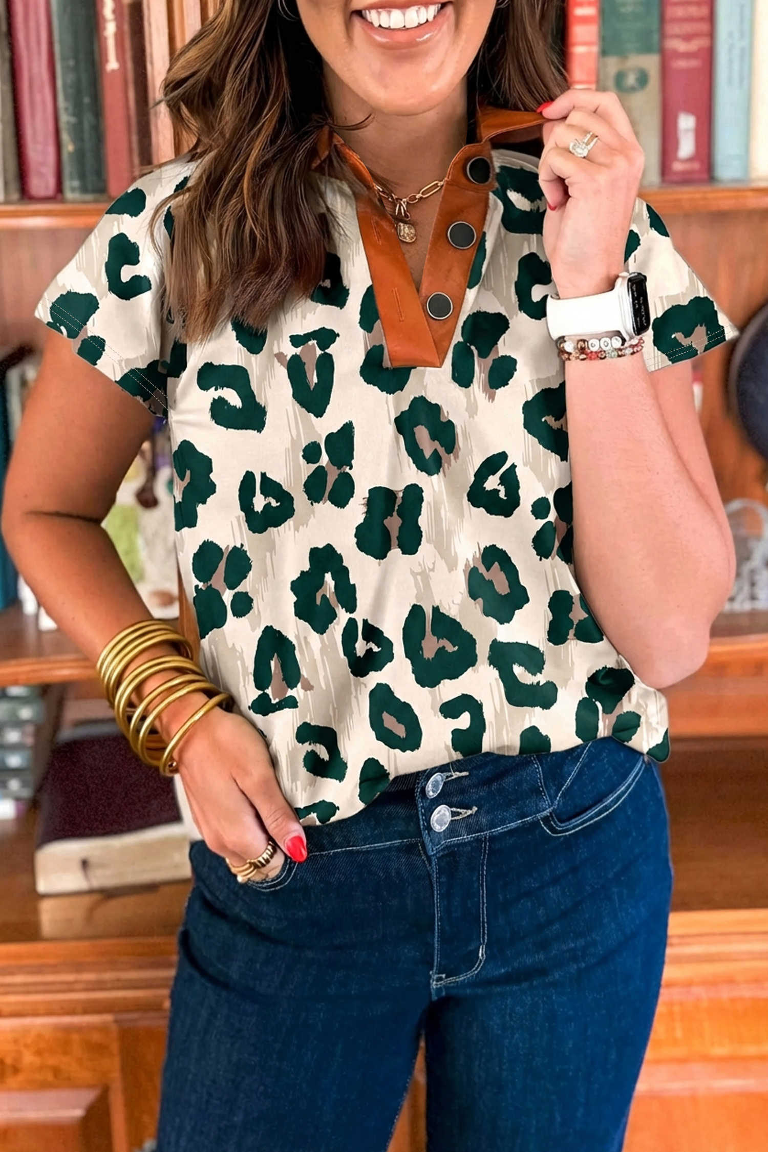 Casual Unique Leopard Print Button Contrast Collared Short Sleeve Blouse
