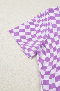 Purple Checkered Print Mock Neck Mesh T Shirt
