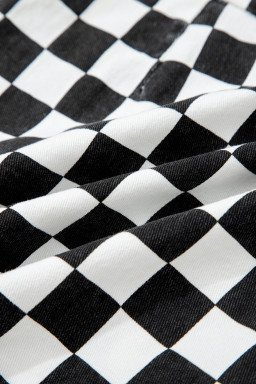 Black Checkered Print Overlap Denim Shorts