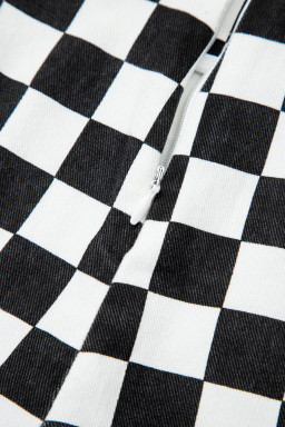 Black Checkered Print Overlap Denim Shorts