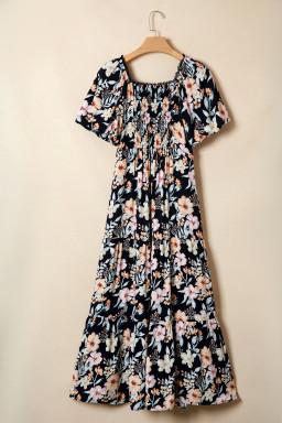 Blue Short Sleeve Smocked Detail High Waist Floral Maxi Dress