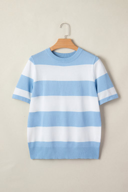 Sky Blue Stripe Colorblock Striped Knitted T shirt