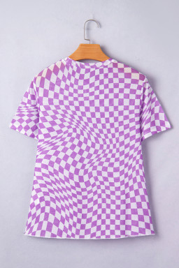 Purple Checkered Print Mock Neck Mesh T Shirt