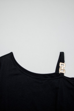 Black Asymmetric Shoulder Detail Short Sleeve Plus Size Maxi Dress