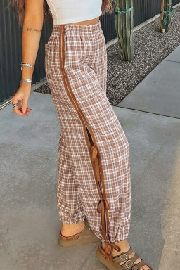 Chestnut Plaid Print Elastic Waist Bow Tie Contrast Detail Jogger Pants