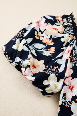 Blue Short Sleeve Smocked Detail High Waist Floral Maxi Dress