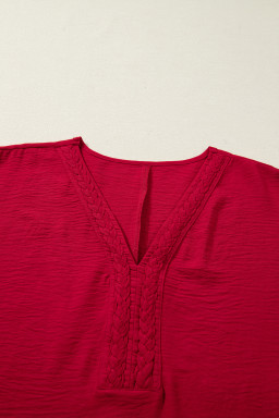 Racing Red Braided Trim V Neck Half Sleeve Blouse