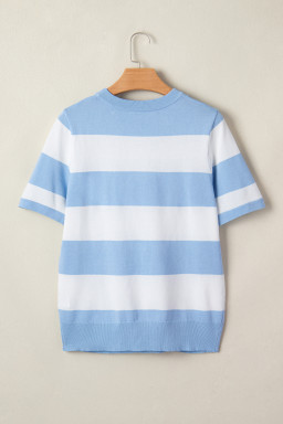 Sky Blue Stripe Colorblock Striped Knitted T shirt