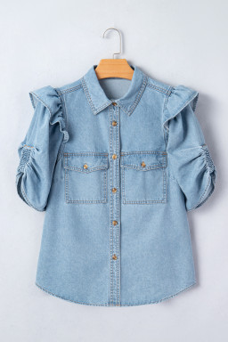 Myosotis Ruffle Detail Short Puff Sleeve Button Down Flap Pocket Denim Shirt