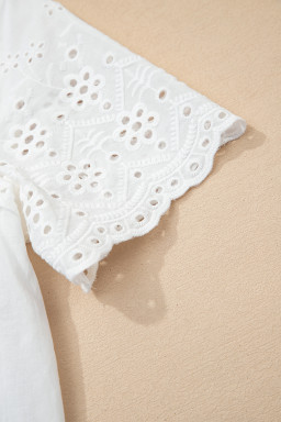 White Flower Eyelet Embroidered Patchwork Sheer Short Sleeve Shirt