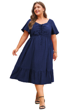 Blue Plus Size Short Sleeve Lace-up High Waist Midi Dress
