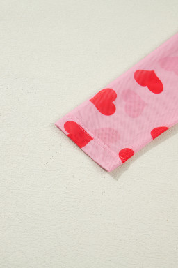 Pink Valentines Heart Printed Sheer Mesh Long Sleeve Top